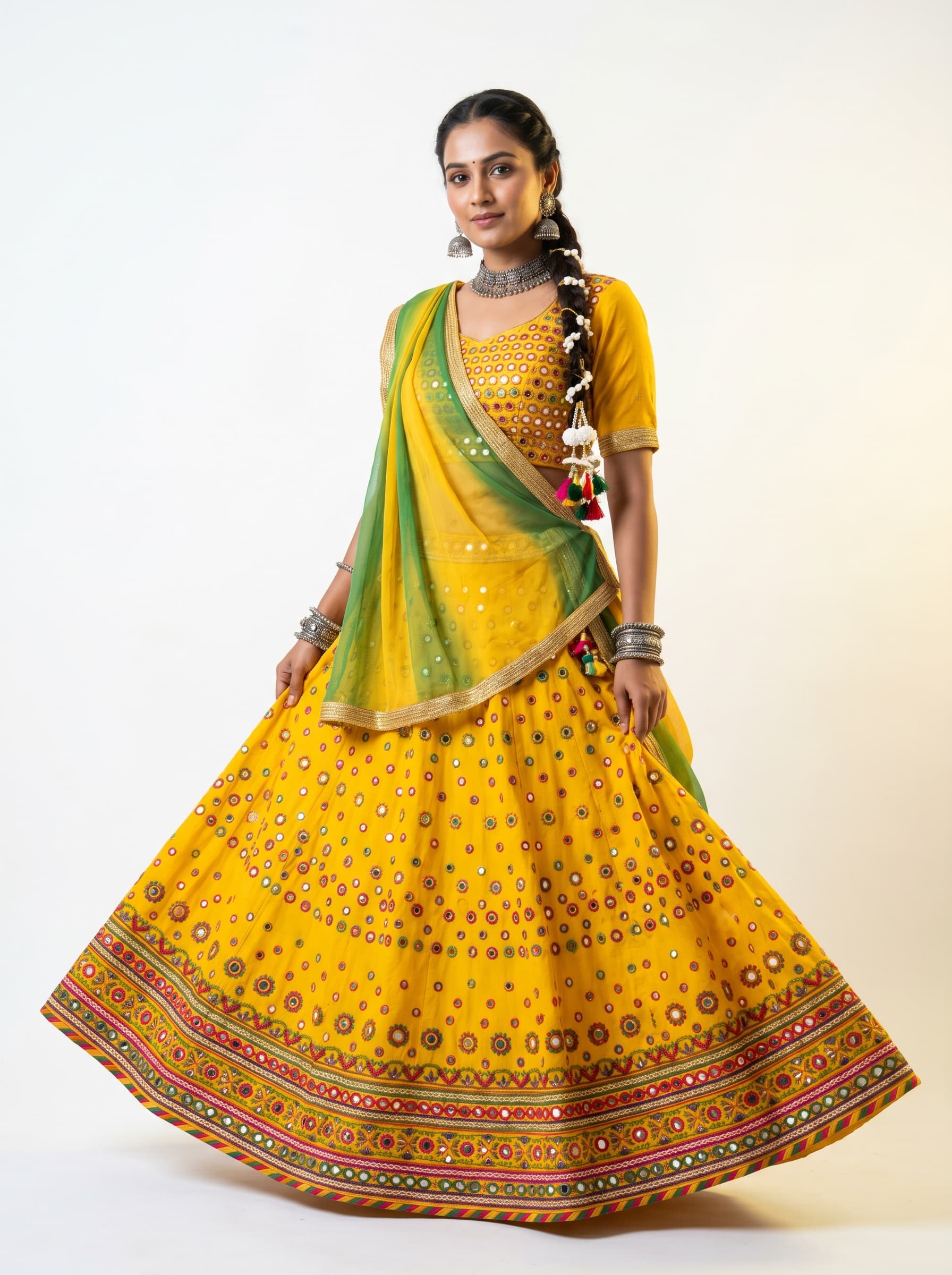 Indian model in yellow chaniya choli with mirror-work — Navratri catalog photography
