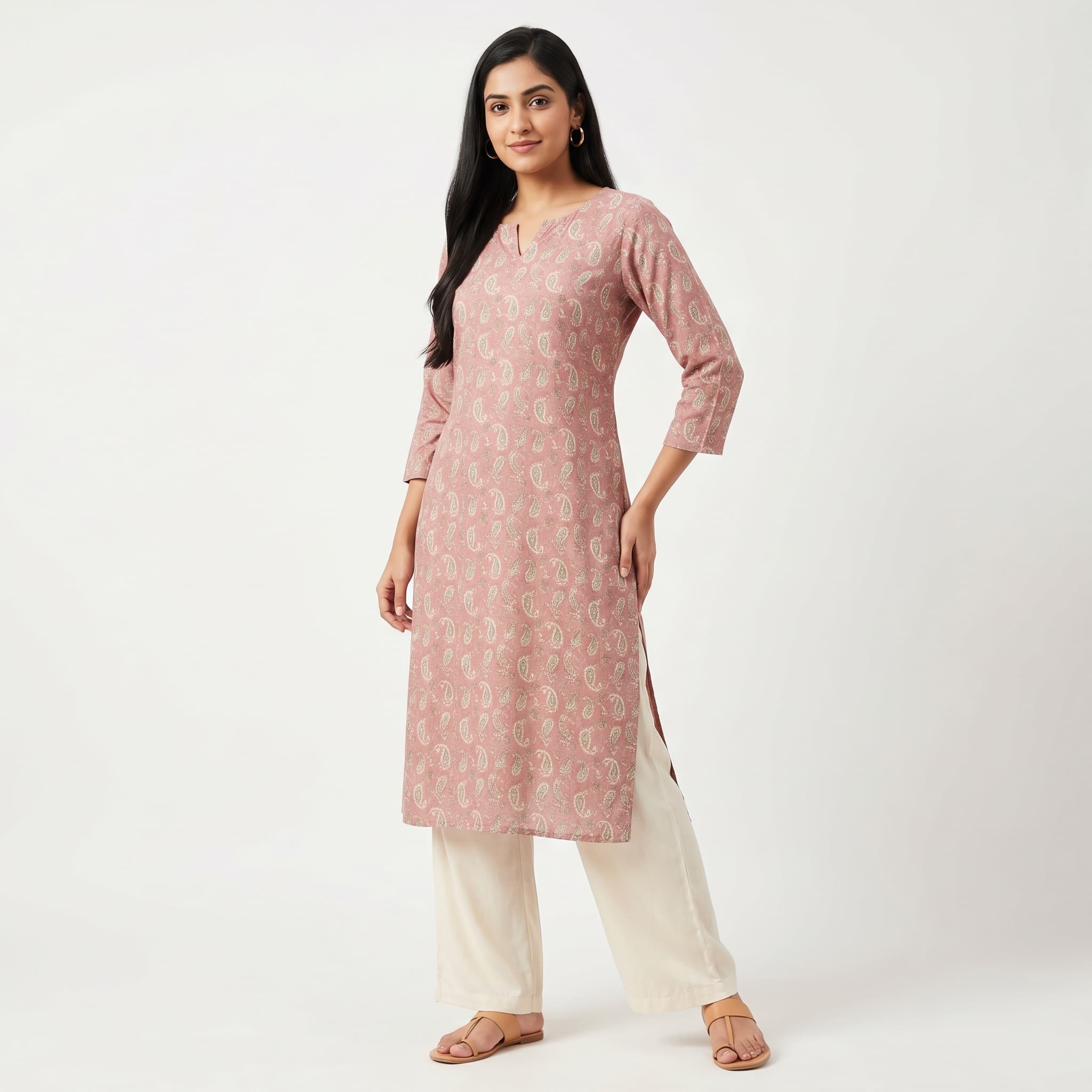 Flipkart Lifestyle Fashion product photo — 1:1 square on-model render of an India-presenting model in a kurta on white seamless backdrop at 2000×2000 px