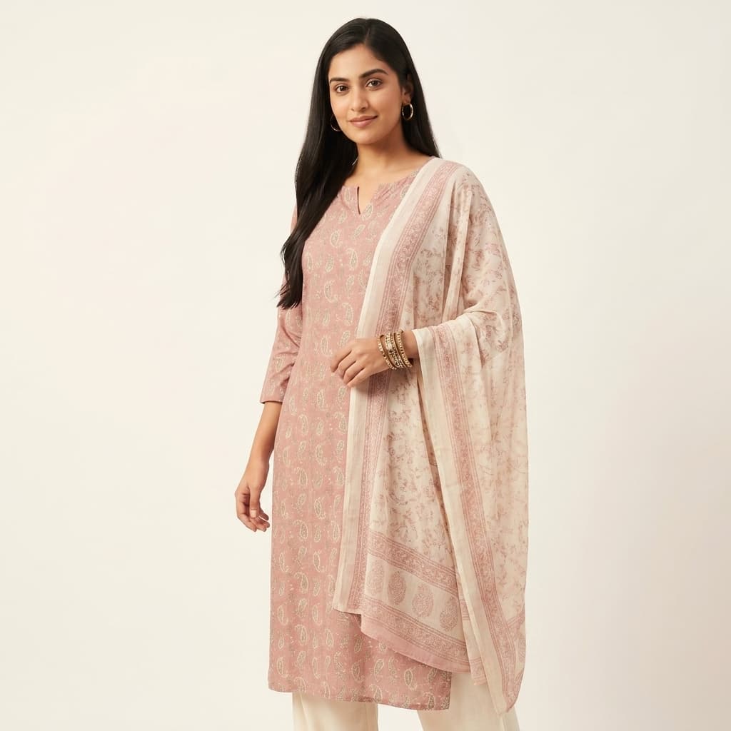 Flipkart alternate listing image — lifestyle styled look-shot of model wearing kurta with jewelry and dupatta styling