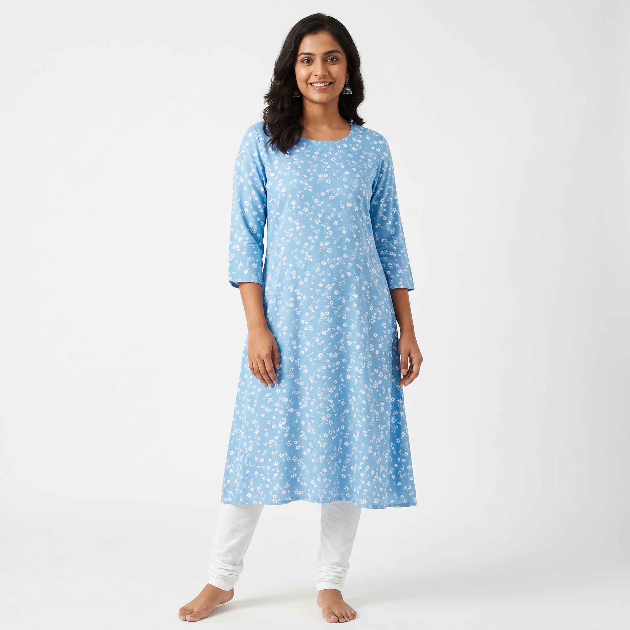 Meesho product photo — 1:1 square on-model render of an India-presenting model in a value-tier kurti on white seamless backdrop at 1500×1500 px