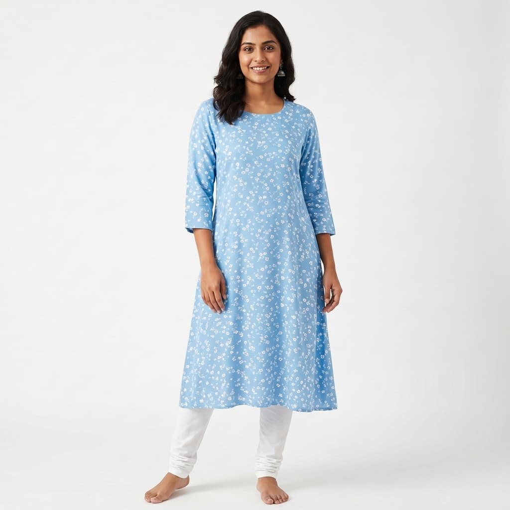 Meesho primary listing image — front on-model render of an India-presenting model in a kurti on white seamless backdrop at 1:1 square 1500×1500 px