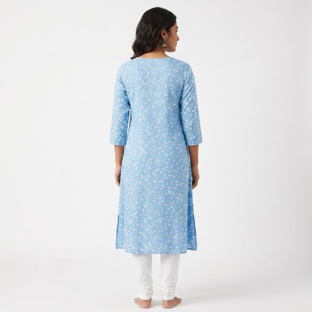 Meesho alternate listing image — back on-model render at 1:1 square on white seamless showing the kurti back and construction details