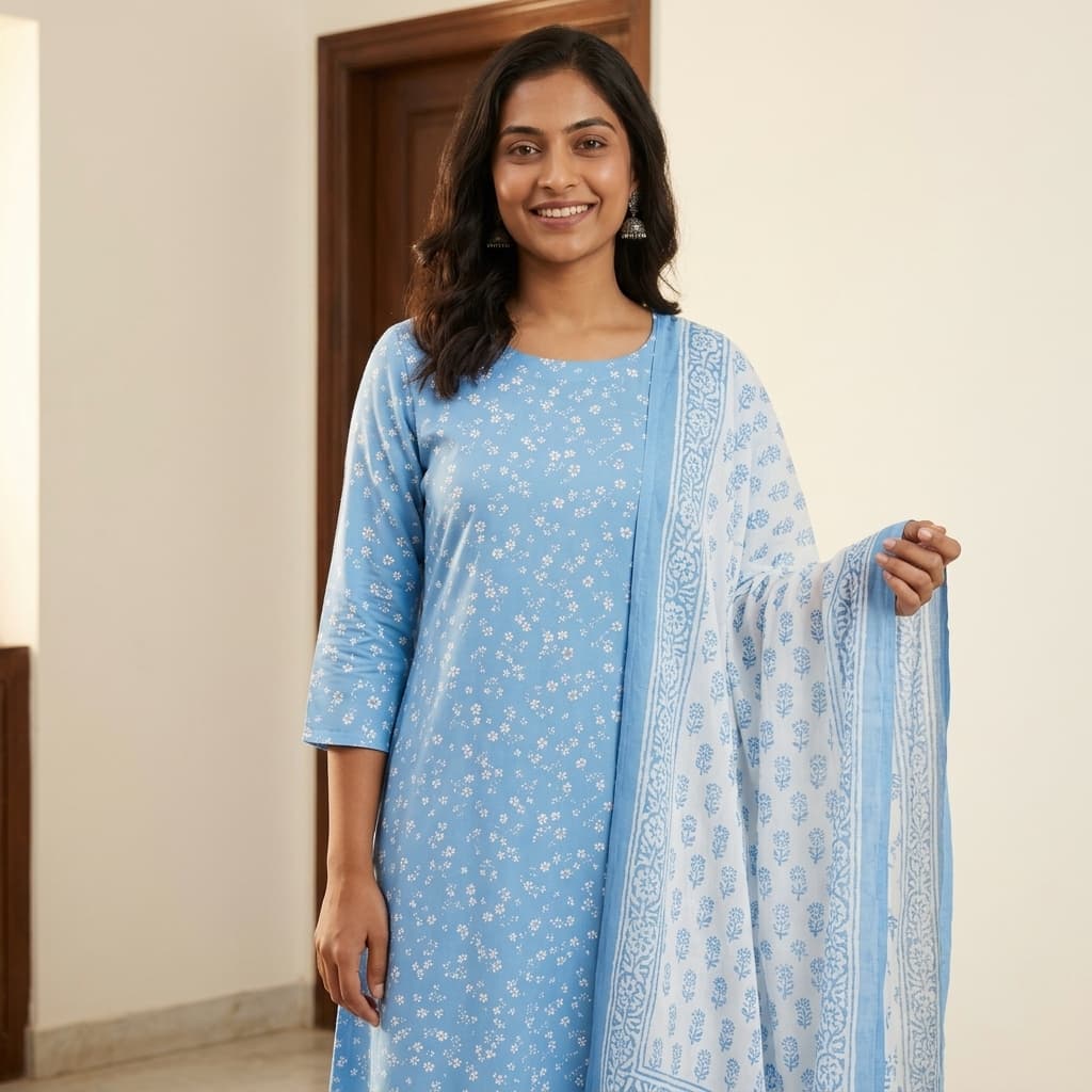 Meesho alternate listing image — light lifestyle styled look-shot of model wearing kurti with simple dupatta styling