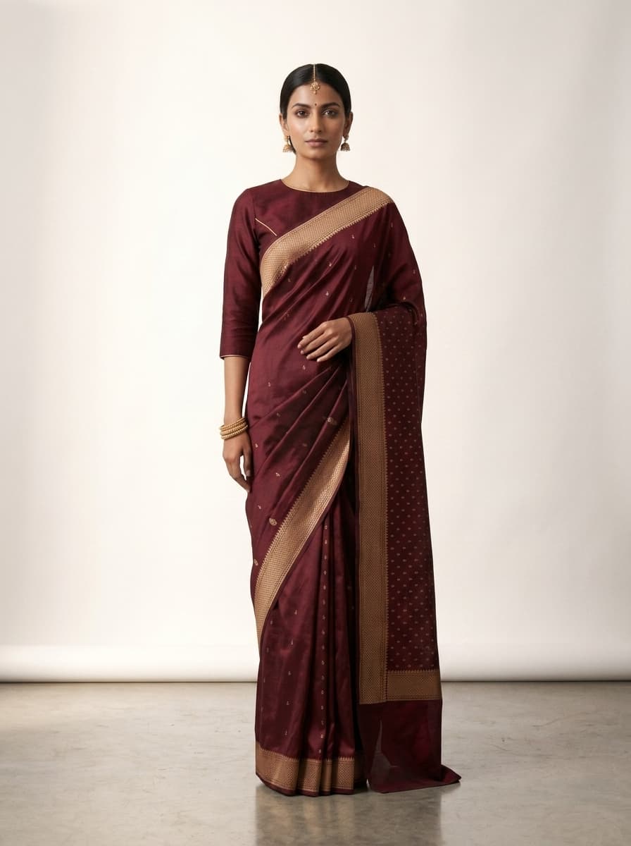 Nykaa Fashion primary listing image — front on-model render of an India-presenting model in a premium silk saree on editorial-toned white seamless at 3:4 portrait 1500×2000 px