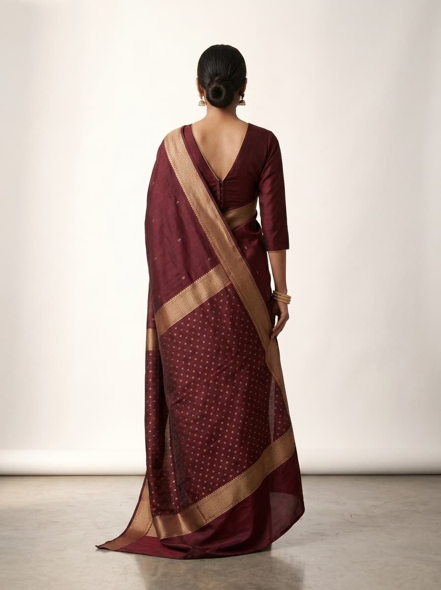 Nykaa Fashion alternate listing image — back on-model render at 3:4 portrait showing the saree drape and construction