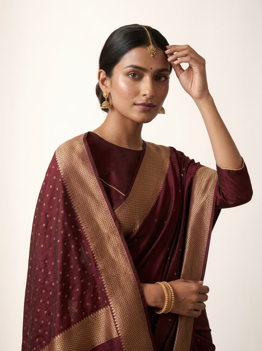 Nykaa Fashion alternate listing image — editorial styled look-shot of model in saree with beauty-adjacent palette and styling