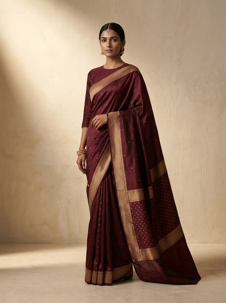 Nykaa Luxe-grade listing image — boutique-magazine composition with editorial lighting and luxury framing of the silk saree