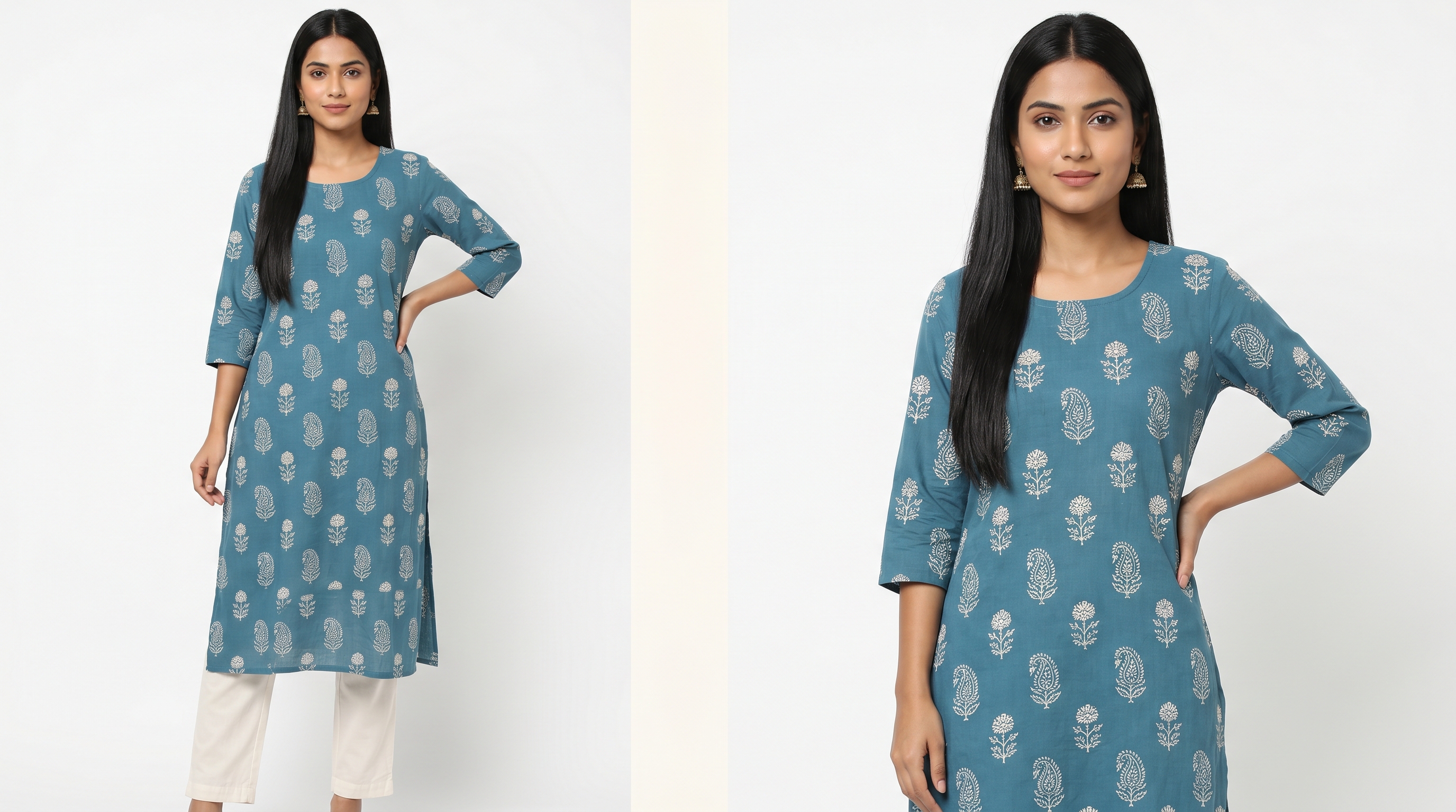 Indian woman in a teal block-print kurta shown twice in a split composition — left half Myntra 3:4 portrait crop on white, right half Amazon India 1:1 square crop on pure white — illustrating the spec split between Amazon India and Myntra for fashion brands