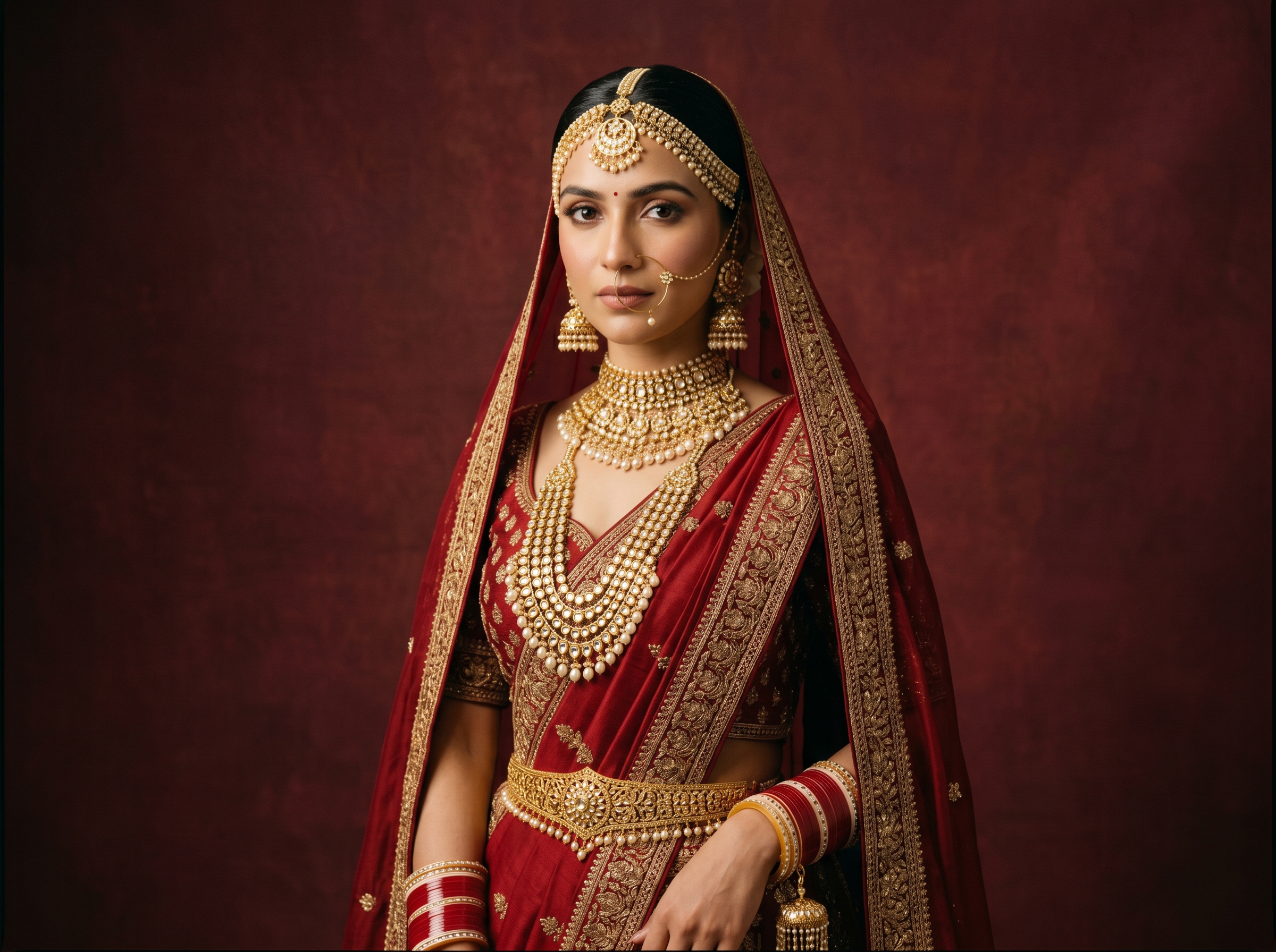 Indian bride in deep red lehenga wearing full bridal jewelry set — mathapatti, layered haar, gold jhumkas, nath and kamarbandh — bridal jewelry catalog shoot checklist India 2026 hero
