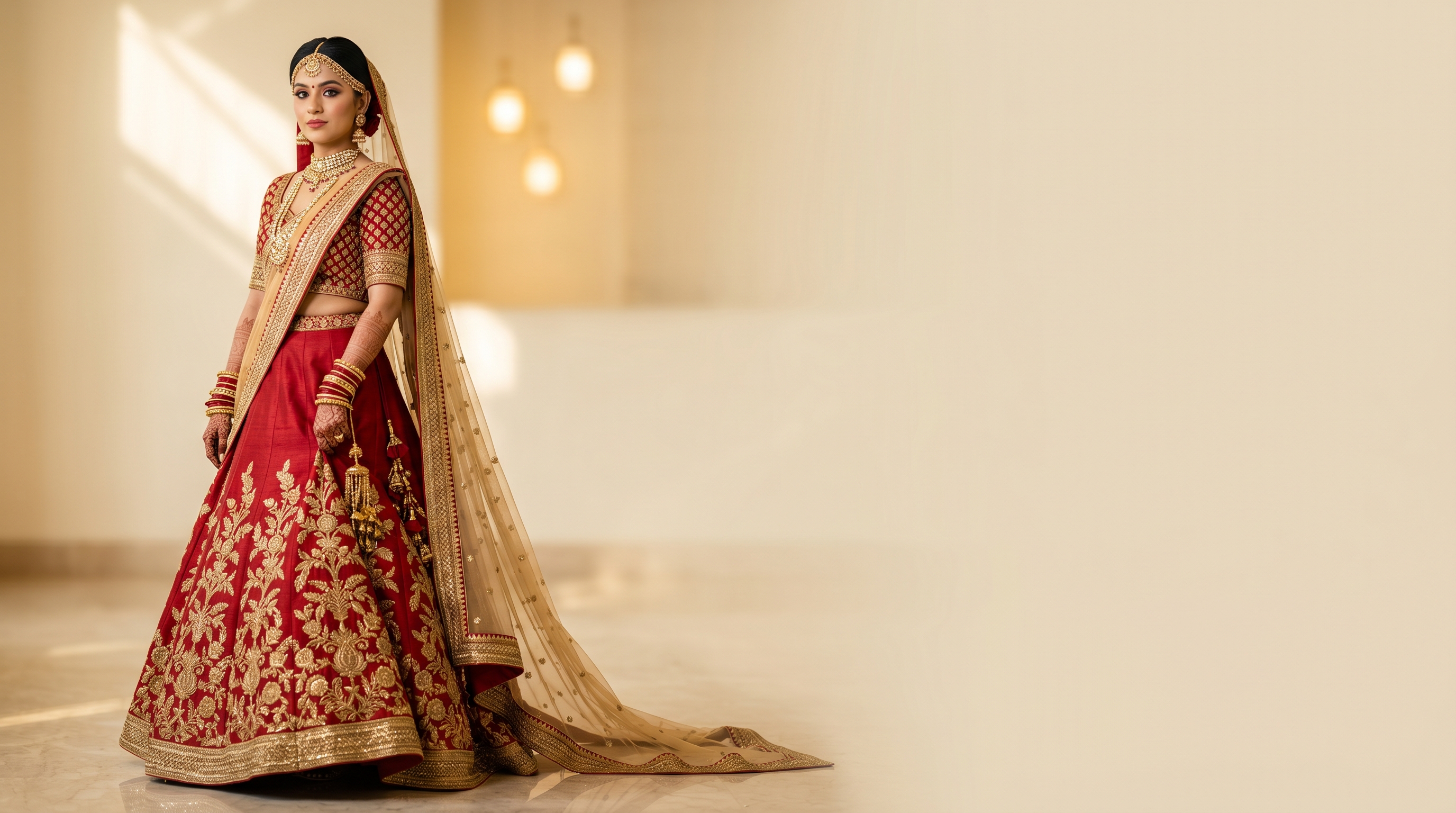 Indian model in heavy-zardosi red bridal lehenga with full bridal jewelry — bridal & wedding season catalog playbook India featured image