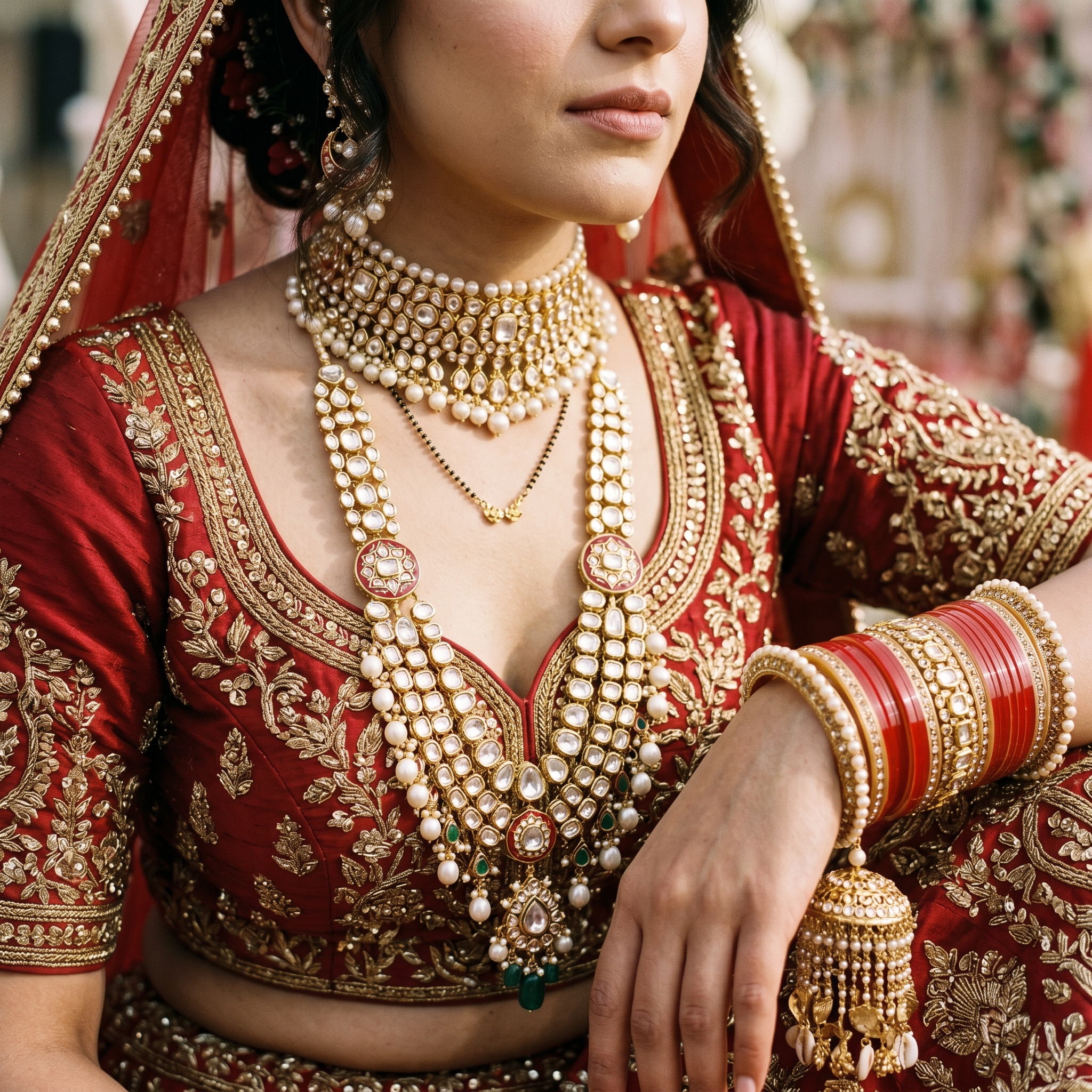 Bridal jewelry crossover detail — full bridal set composition on neck and wrist