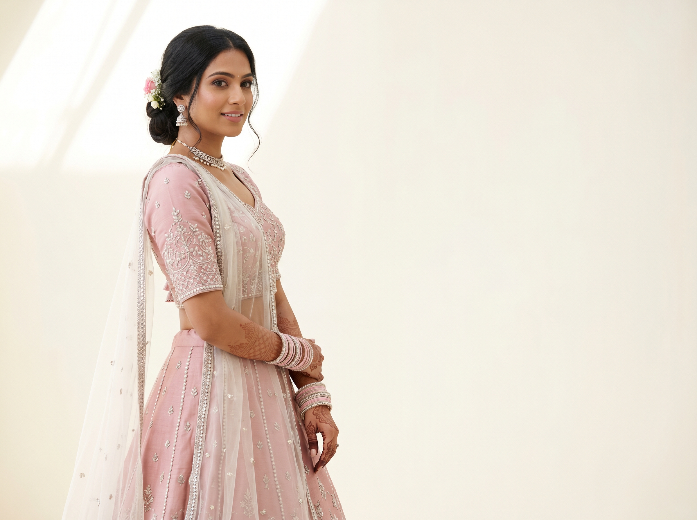 Mehendi-ceremony alt look — pastel pink contemporary bridal styling