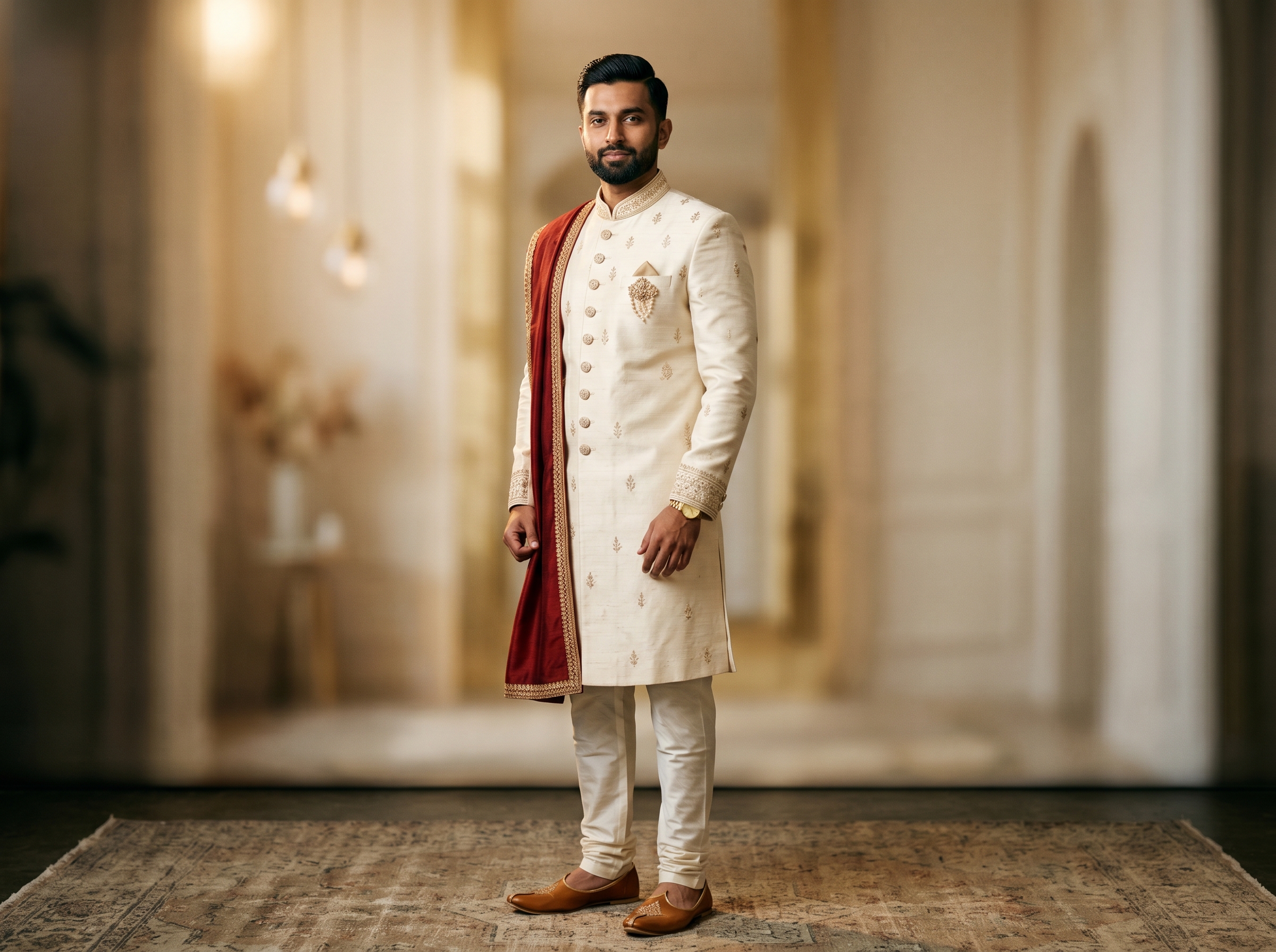 Sherwani for groom — cream and gold, bridal companion catalog