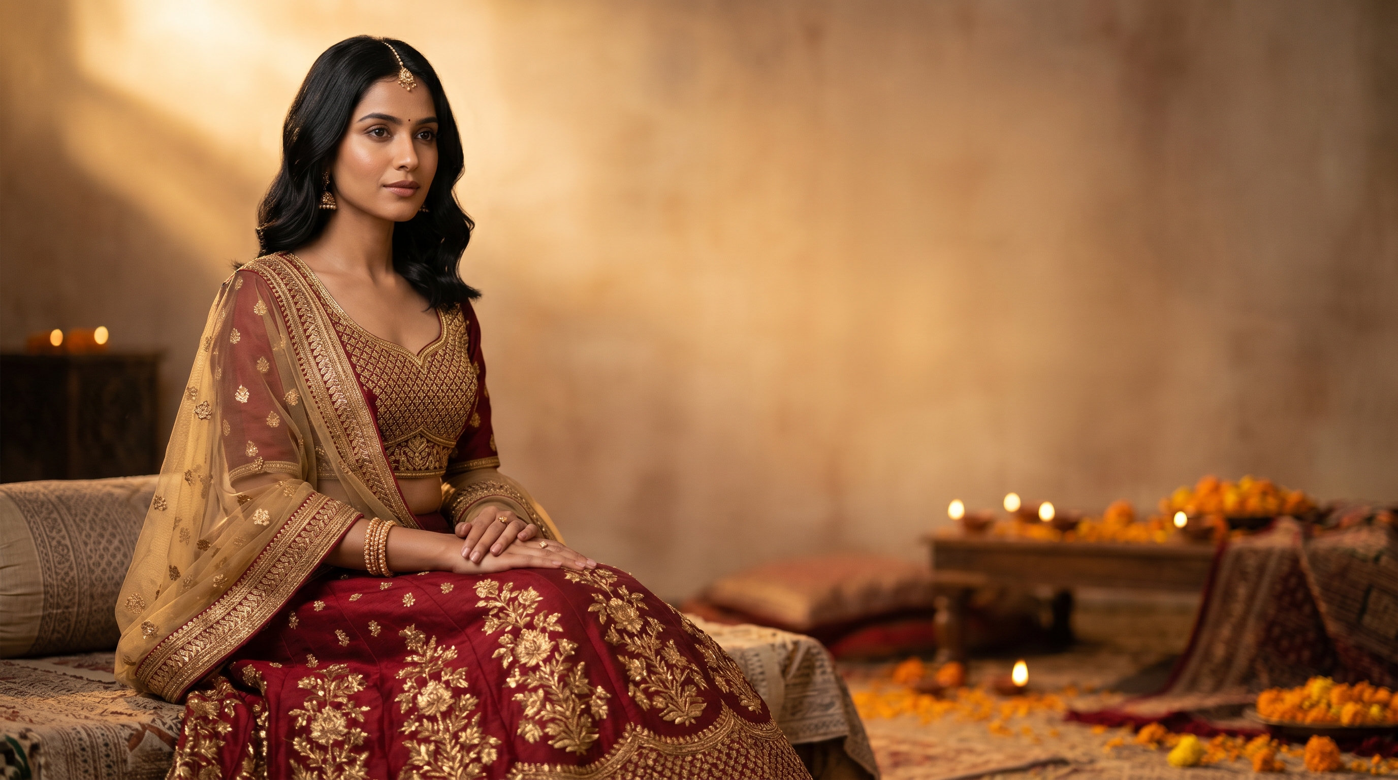 Indian model in red zardosi lehenga against diya backdrop — Diwali fashion photography guide 2026 featured image