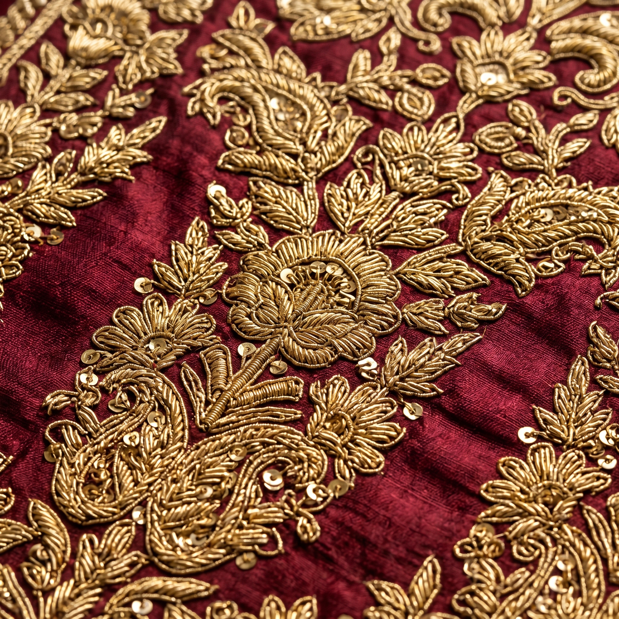 Macro of zardozi embroidery showing thread density and gold zari — Diwali catalog slot 4 detail reference