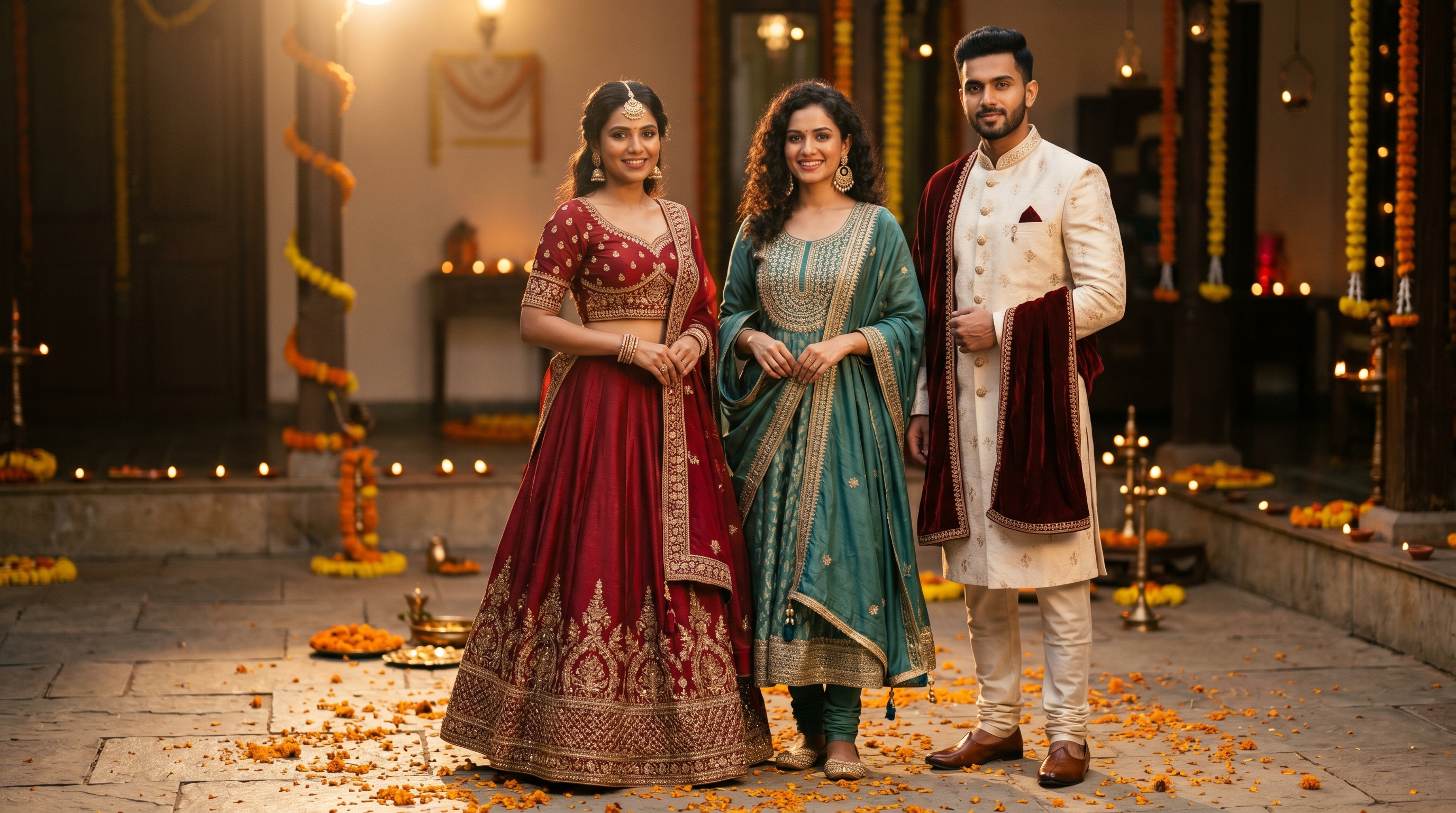 Festive group lookbook — three Indian models in anarkali, lehenga, sherwani for Diwali editorial spread