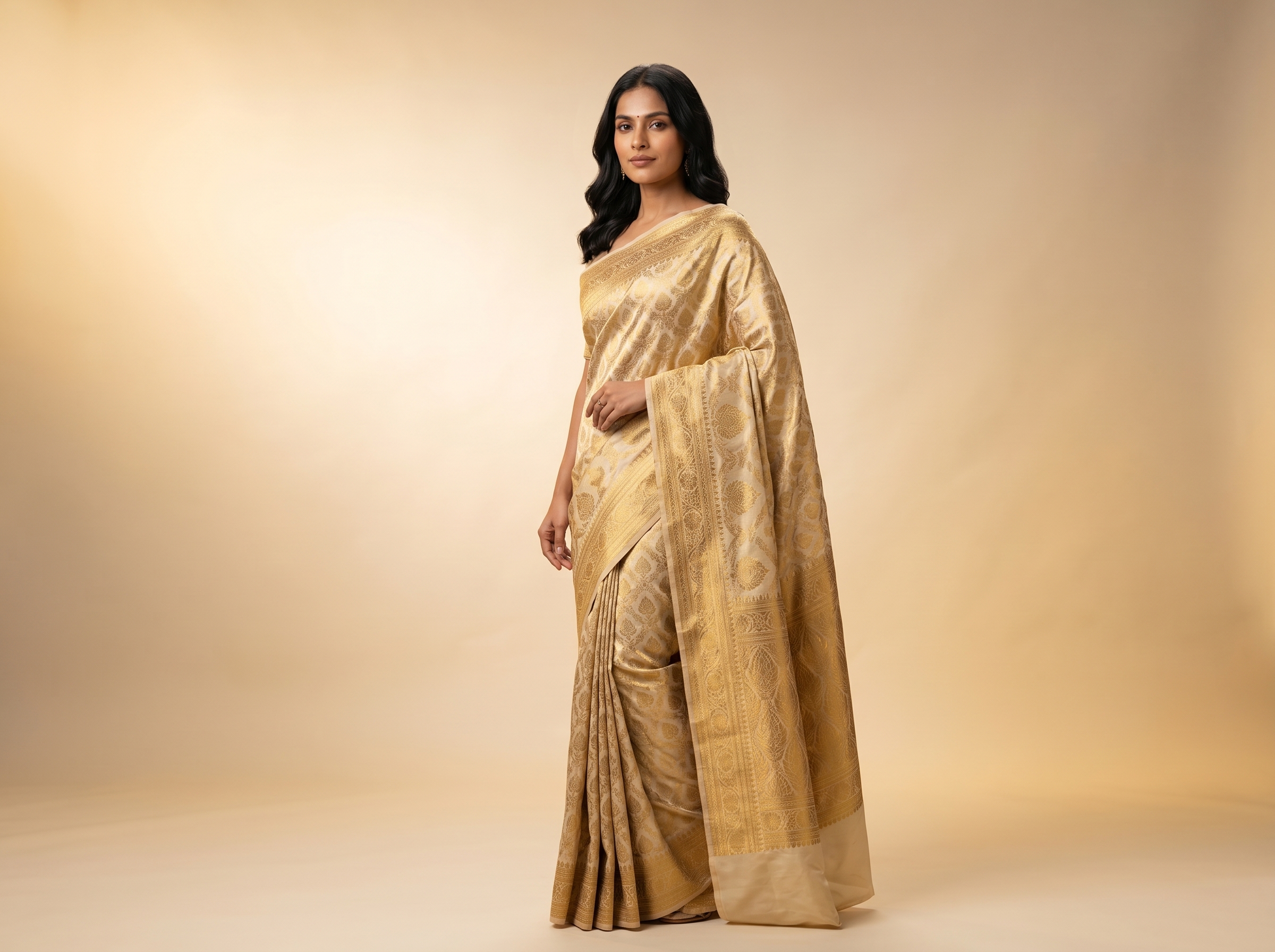 Indian model in heavy banarasi saree, gold zari border, festive Diwali styling — Diwali catalog look 2