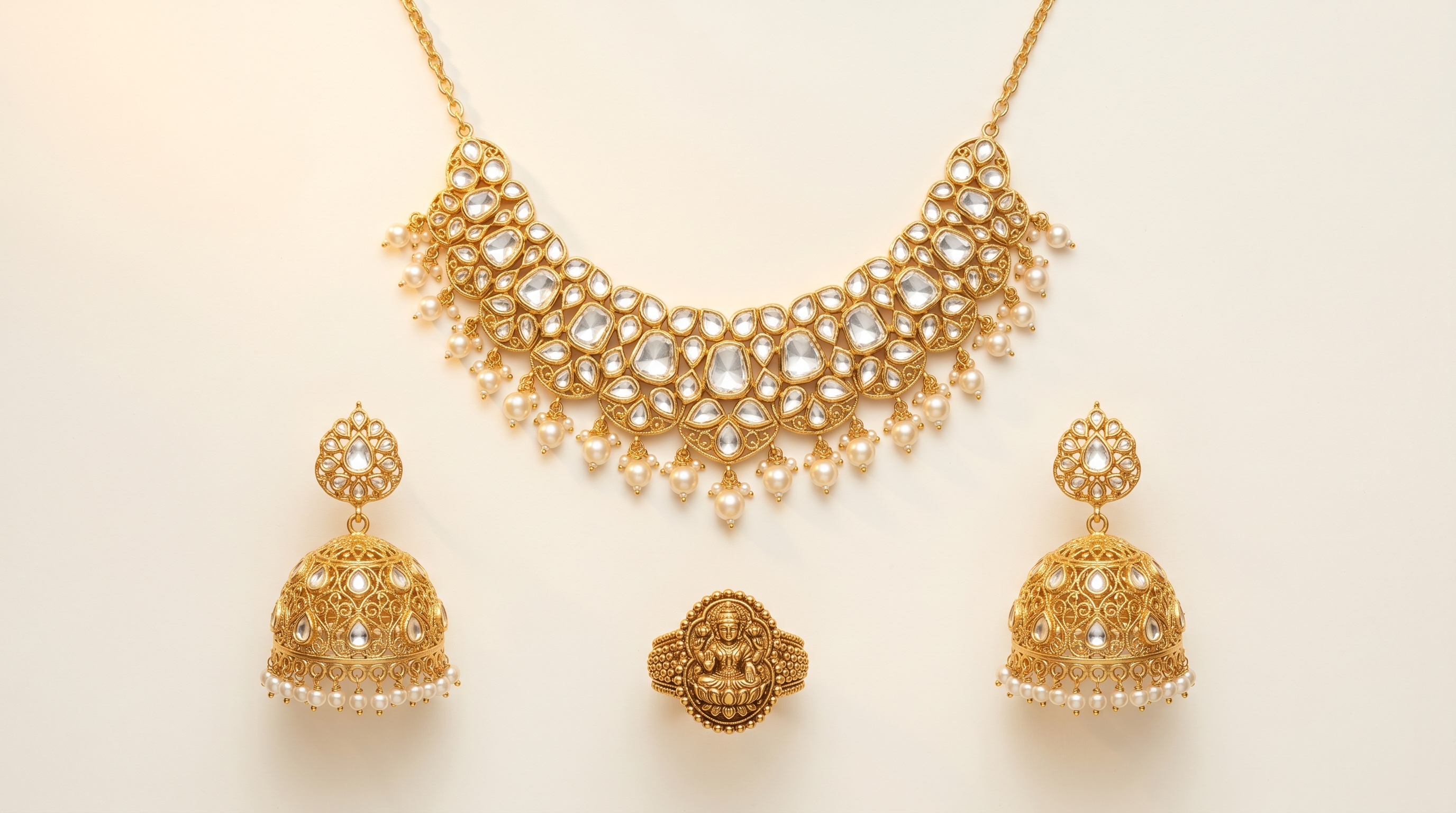 Editorial flat-lay of Indian jewelry — kundan polki necklace, gold jhumka earrings and a temple ring arranged on cream styled surface, jewelry photography specs Myntra Flipkart Amazon Tata CLiQ 2026 hero