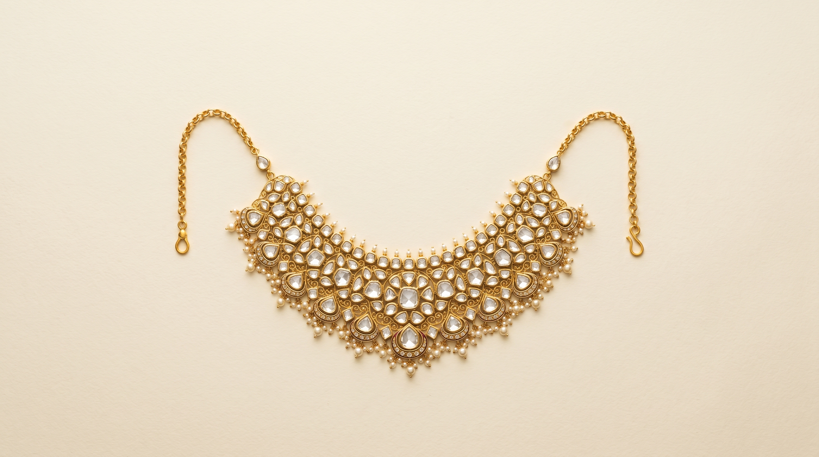 Editorial flat-lay illustrating a jewelry catalog rejection — a polki necklace photographed on a slightly warm-cream backdrop that fails pure-white QC, jewelry rejection traps Myntra Tata CLiQ Nykaa Luxe 2026 hero