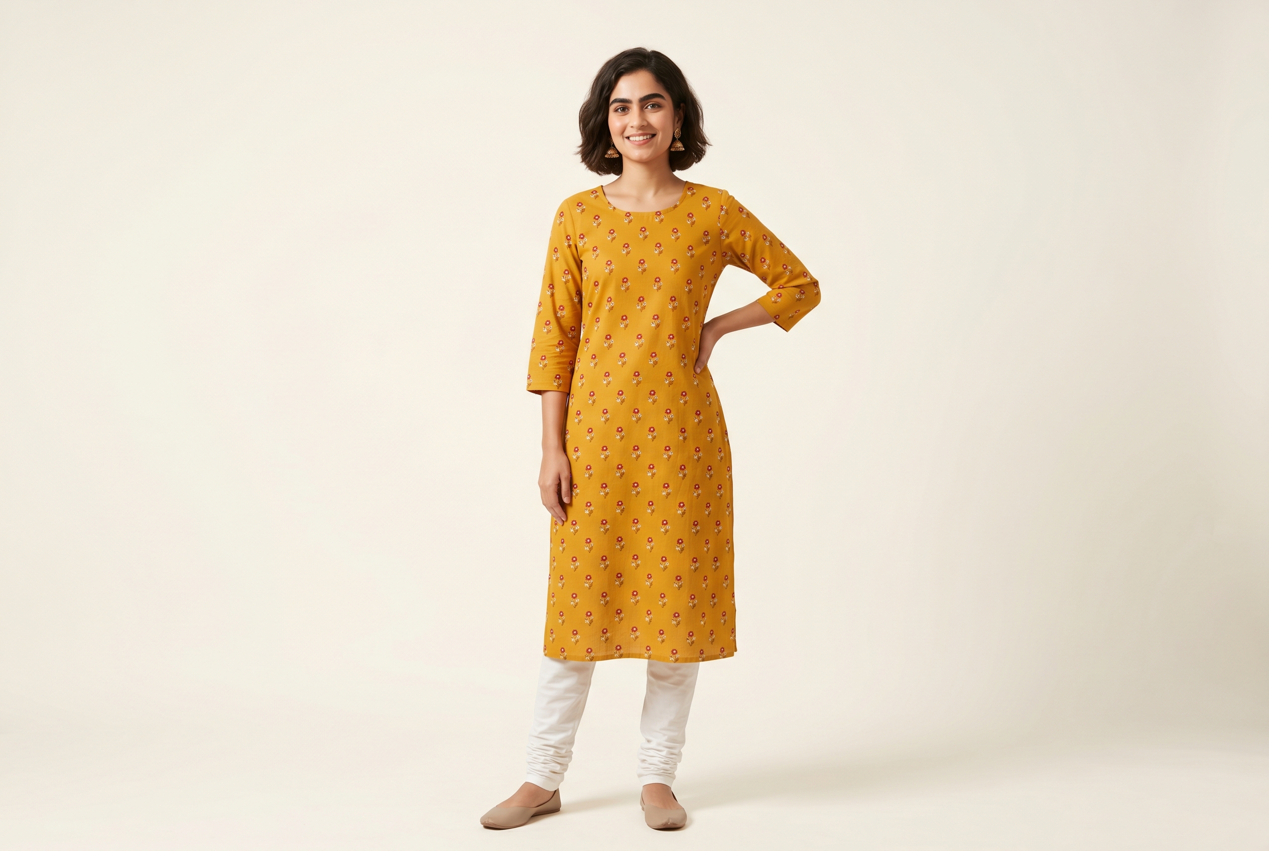 On-model editorial portrait of an Indian woman in a budget kurti illustrating Meesho product photo requirements for Tier-2 fashion sellers