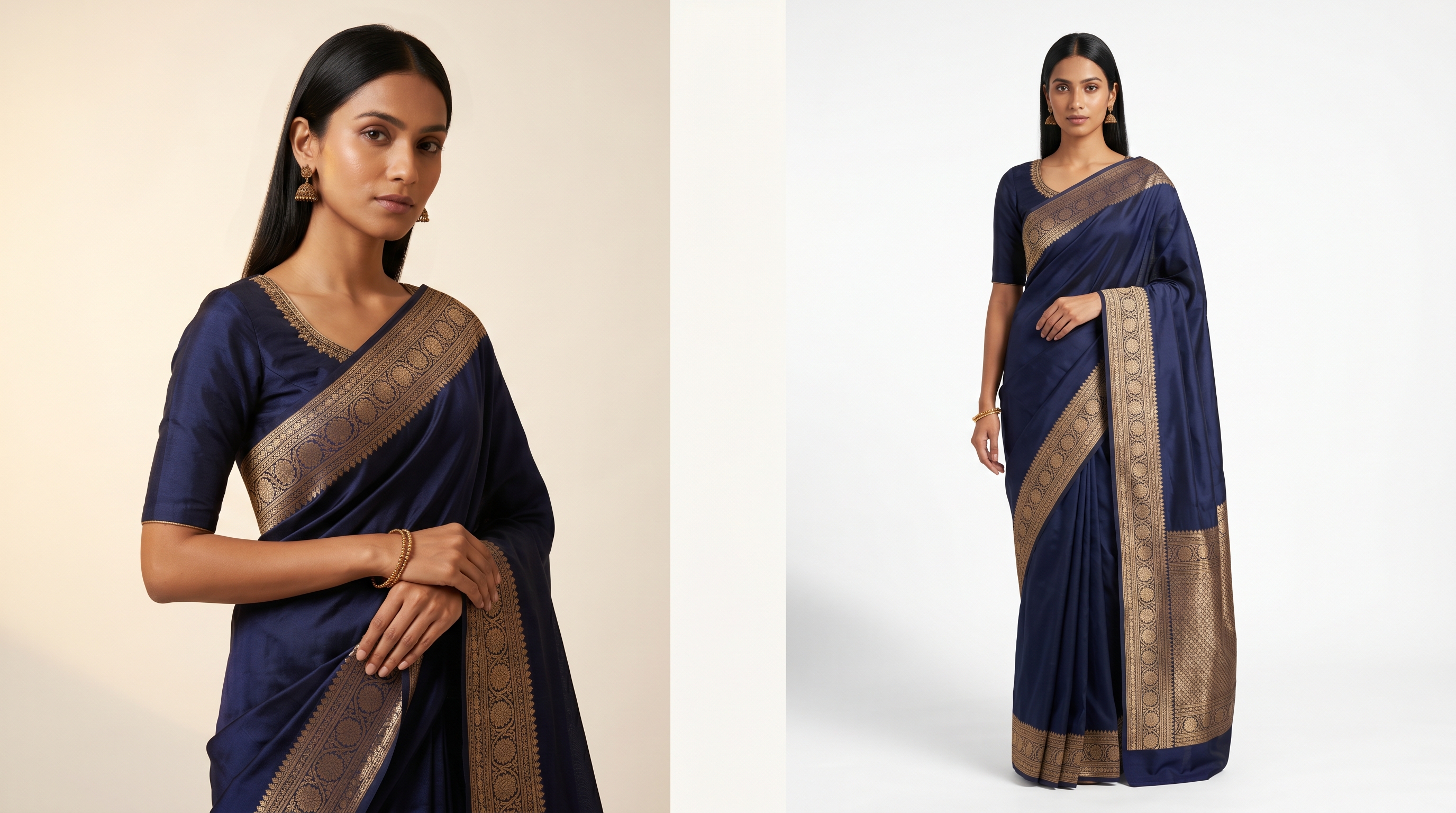 Indian woman in a designer silk saree shown twice in a split composition — left half Nykaa Fashion editorial framing with beauty-adjacent lighting and styling, right half Myntra fashion-led framing on pure white seamless — illustrating the editorial split between Nykaa Fashion and Myntra for premium brands